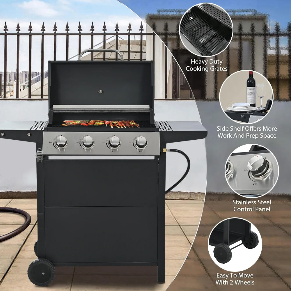 Grill gazowy SEGMART 2025 ze stali nierdzewnej z 4 palnikami – 34 200 BTU, do ogrodu/na taras z dwiema składanymi półkami i termometrem, idealny na kemping i do gotowania na świeżym powietrzu