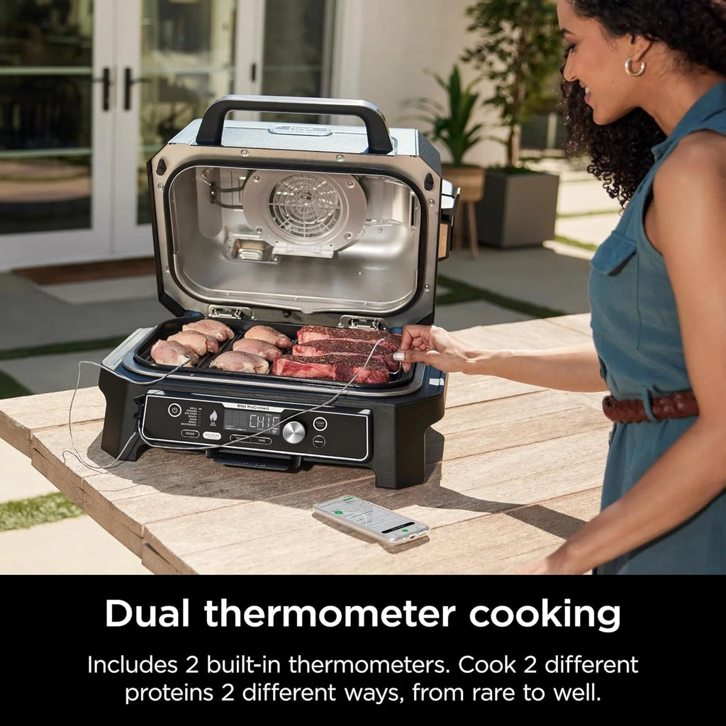 Grill i wędzarnia zewnętrzna Ninja Woodfire Pro XL 2025, termometr, grill Master 4 w 1, wędzarnia BBQ, frytkownica powietrzna na zewnątrz, piekarnik, przenośny, grill elektryczny, ciemnoszary, model OG850