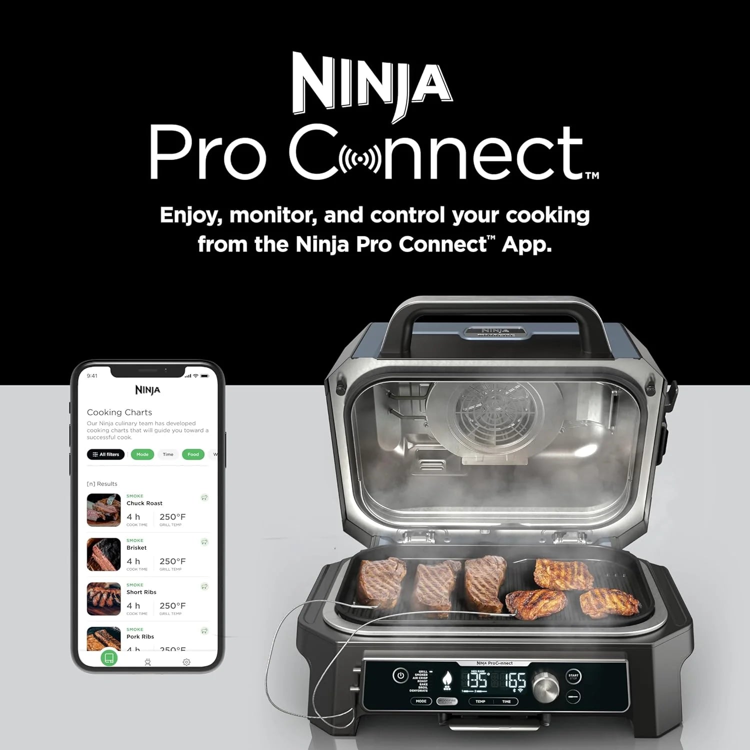 Grill i wędzarnia zewnętrzna Ninja Woodfire Pro XL 2025, termometr, grill Master 4 w 1, wędzarnia BBQ, frytkownica powietrzna na zewnątrz, piekarnik, przenośny, grill elektryczny, ciemnoszary, model OG850