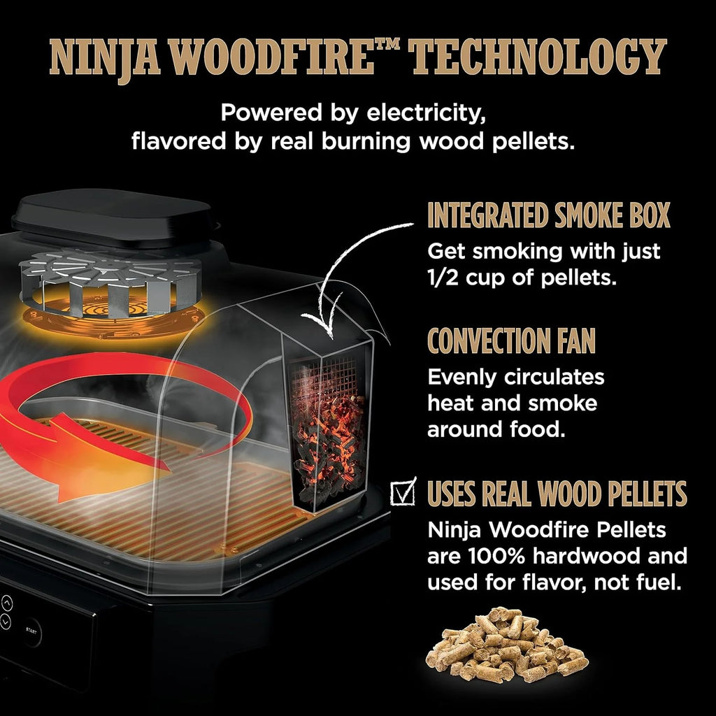 Grill i wędzarnia zewnętrzna Ninja Woodfire Pro XL 2025, termometr, grill Master 4 w 1, wędzarnia BBQ, frytkownica powietrzna na zewnątrz, piekarnik, przenośny, grill elektryczny, ciemnoszary, model OG850