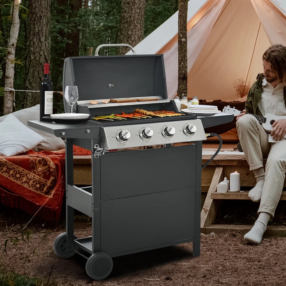 Grill gazowy SEGMART 2025 ze stali nierdzewnej z 4 palnikami – 34 200 BTU, do ogrodu/na taras z dwiema składanymi półkami i termometrem, idealny na kemping i do gotowania na świeżym powietrzu